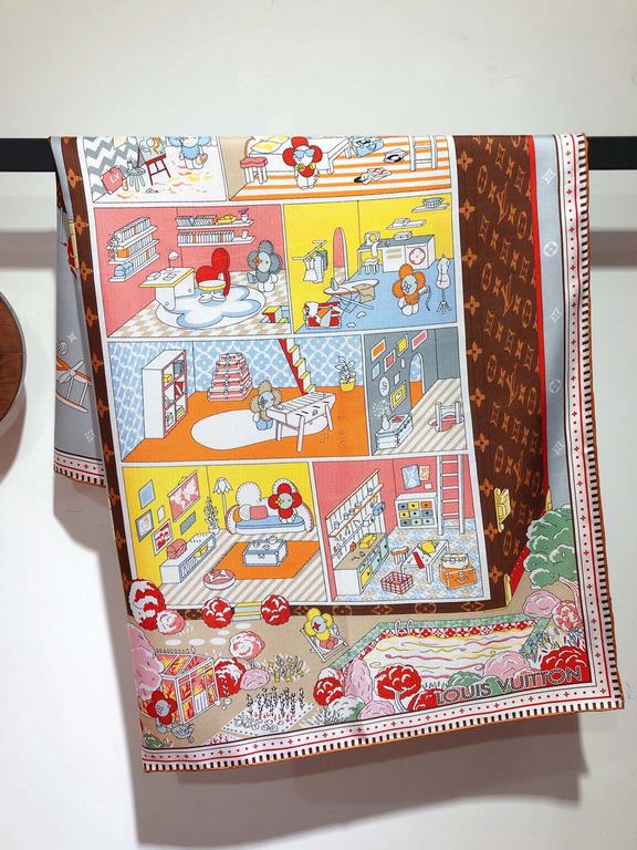 SLV2313  Original Lv [Vivienne's World] 90cm Silk Square Scarf, the square scarf details the cozy life of Louis Vuitton's beloved mascot Vivienne, depicting her enjoying sunbathing, sewing, and soaking in the dollhouse, 