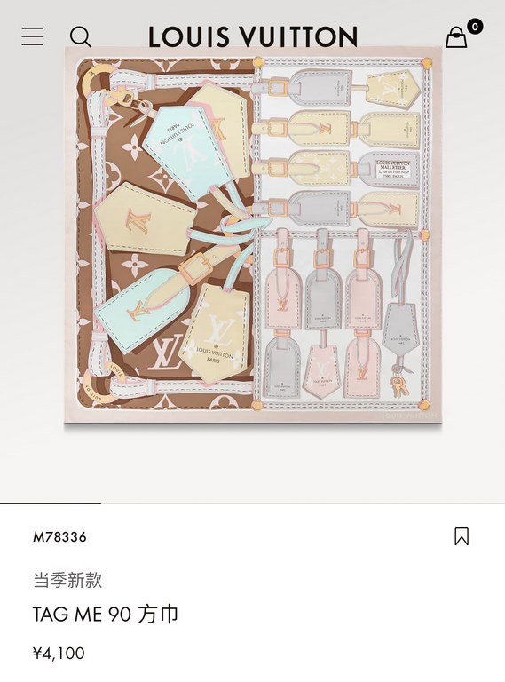 Price  SLV2332  Original Lv [TAG ME Luggage Tag] 90cm Silk Square Scarf, focusing on Louis Vuitton's travel legacy and adventurous spirit, depicts the traditional luggage tag motifs in warm colors, rendered on top of the