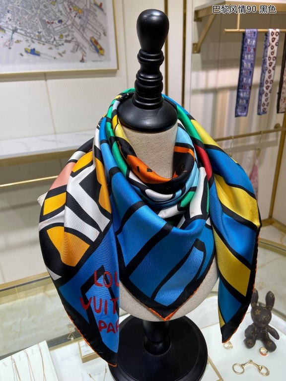 Silk new  counter synchronization   genuinely praise   donkey family [Parisian style 90] silk square scarf, LV 90 square scarf depicts the Parisian landscape outside the window, tells Louis Vuitton's travel mood. Letters