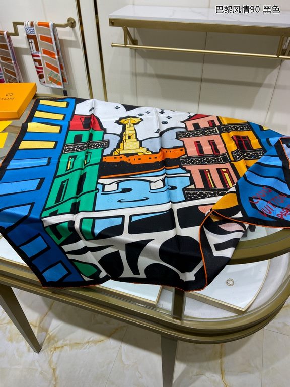 Silk new  counter synchronization   genuinely praise   donkey family [Parisian style 90] silk square scarf, LV 90 square scarf depicts the Parisian landscape outside the window, tells Louis Vuitton's travel mood. Letters