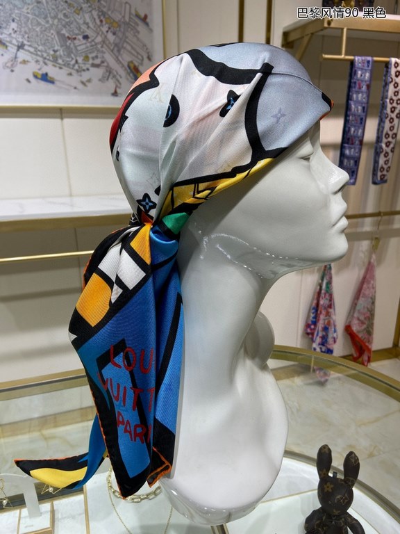 Silk new  counter synchronization   genuinely praise   donkey family [Parisian style 90] silk square scarf, LV 90 square scarf depicts the Parisian landscape outside the window, tells Louis Vuitton's travel mood. Letters