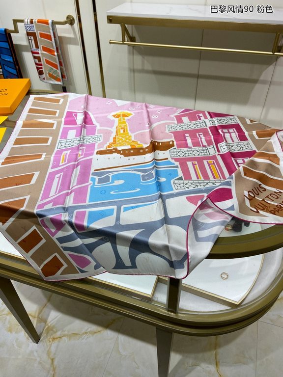 Silk new  counter synchronization   genuinely praise   donkey family [Parisian style 90] silk square scarf, LV Mgionary 90 square scarf depicts the Parisian landscape outside the window, tells Louis Vuitton's travel sent