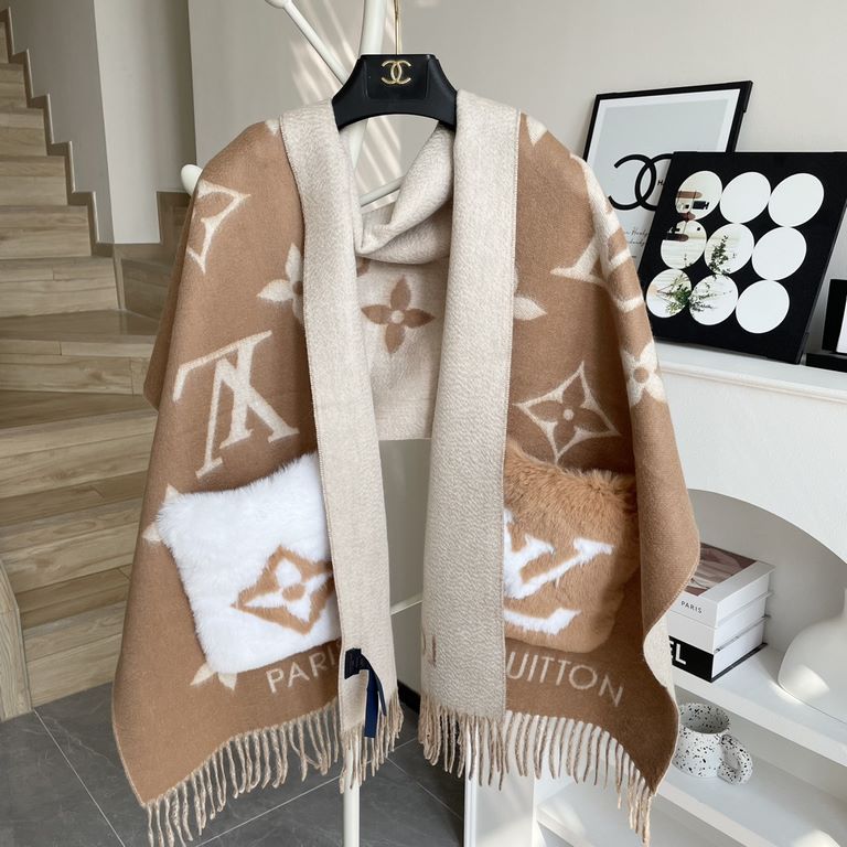 LV Pocket Cashmere Scarf   LV's new shawl scarf, a continuation of the winter classic   cashmere embellished with rabbit fur   pockets, inlaid with Monogram motifs for a more dignified look, with a long tassel in a large