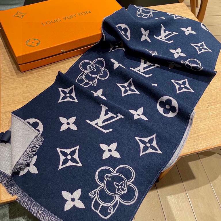 LV Sunflower Donkey's newest scarf classic mascot redesigned properly versatile models, eye-catching logo design classic black and grey color scheme is really not too good-looking 100% wool feel simply fine yarn weaving 