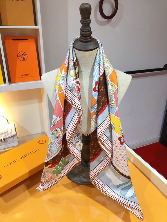 SLV2313  Original Lv [Vivienne's World] 90cm Silk Square Scarf, the square scarf details the cozy life of Louis Vuitton's beloved mascot Vivienne, depicting her enjoying sunbathing, sewing, and soaking in the dollhouse, 