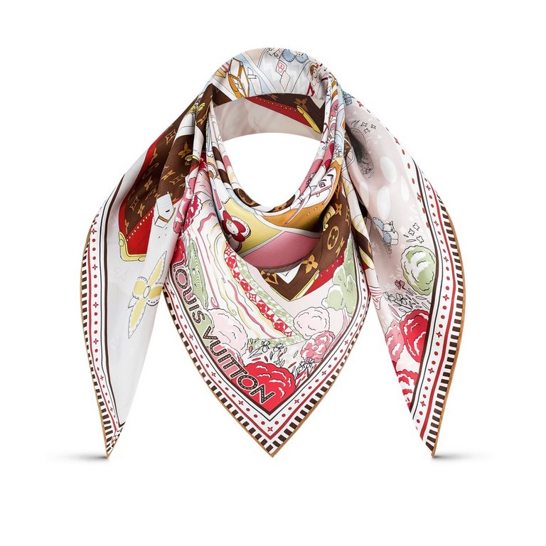 SLV2313  Original Lv [Vivienne's World] 90cm Silk Square Scarf, the square scarf details the cozy life of Louis Vuitton's beloved mascot Vivienne, depicting her enjoying sunbathing, sewing, and soaking in the dollhouse, 