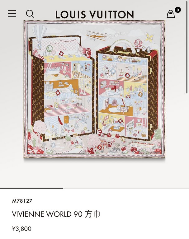 SLV2313  Original Lv [Vivienne's World] 90cm Silk Square Scarf, the square scarf details the cozy life of Louis Vuitton's beloved mascot Vivienne, depicting her enjoying sunbathing, sewing, and soaking in the dollhouse, 