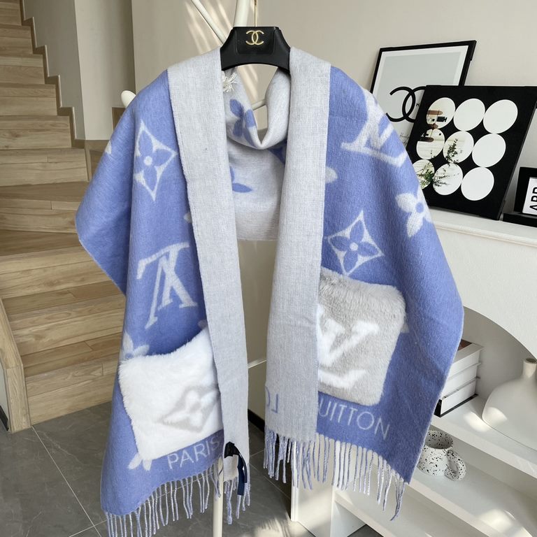 LV Pocket Cashmere Scarf   LV's new shawl scarf, a continuation of the winter classic   cashmere embellished with rabbit fur   pockets, inlaid with Monogram motifs for a more dignified look, with a long tassel in a large