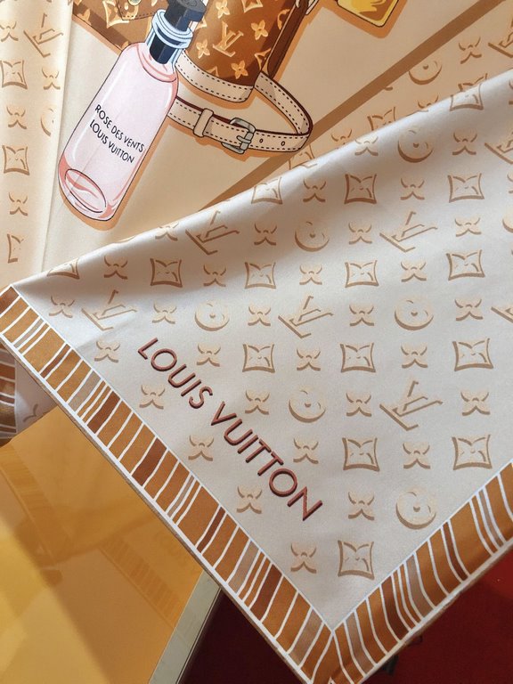 SLV2316 Original Lv [FALL FOR YOU] 90cm version, the square scarf celebrates 168 years of Louis Vuitton heritage with a Monogram pattern depicting Louis Vuitton's iconic and on-trend designs on top of the V logo.The LV V