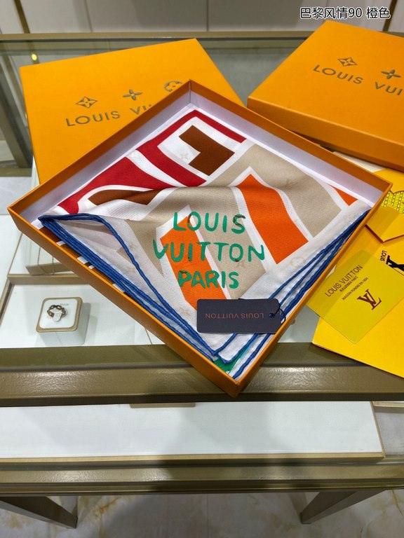 Silk new  counter synchronization   genuinely praise   donkey family [Parisian style 90] silk square scarf, LV Mgionary 90 square scarf depicts the Parisian landscape outside the window, tells Louis Vuitton's travel sent