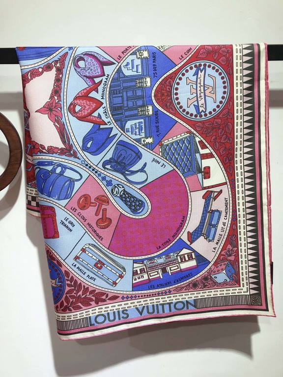 SLV2312  Original Lv [Board Game Pattern] 90cm silk square scarf, inspired by Louis Vuitton's collection of board game motifs, incorporates elements such as chess pieces and dice into the classic Monogram and Damier patt