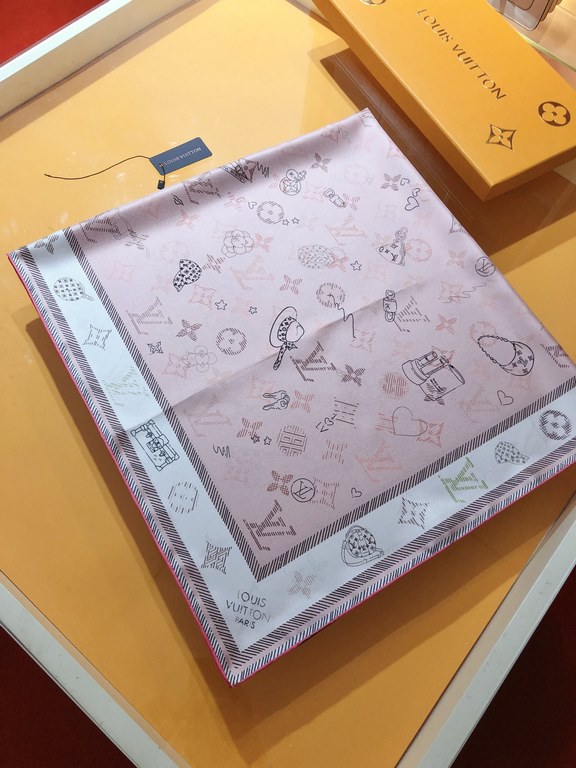 Price  SLV2335 Original Lv [WISHLIST] Square Scarf 90cm Edition, the square scarf becomes an exhibition space for Louis Vuitton's iconic creations, depicting the brand's handbag, hard case and accessories motifs in a sil