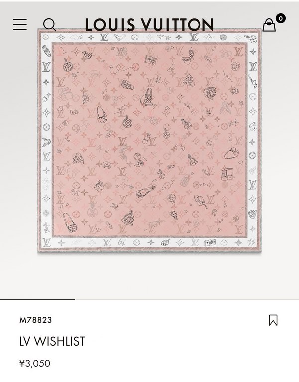 Price  SLV2335 Original Lv [WISHLIST] Square Scarf 90cm Edition, the square scarf becomes an exhibition space for Louis Vuitton's iconic creations, depicting the brand's handbag, hard case and accessories motifs in a sil