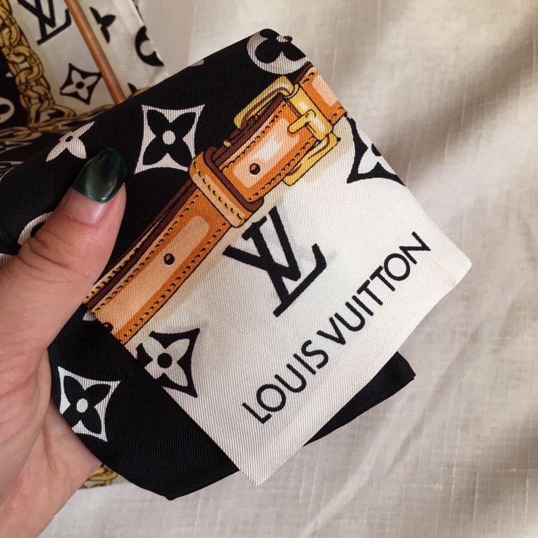 Super nice LV silk scarf! Double layered silk!Multi-purpose, tie it around your bag, use it as a hair tie or a small scarf   It looks great with a simple bottom or a shirt around your neck!It also looks great with a simp