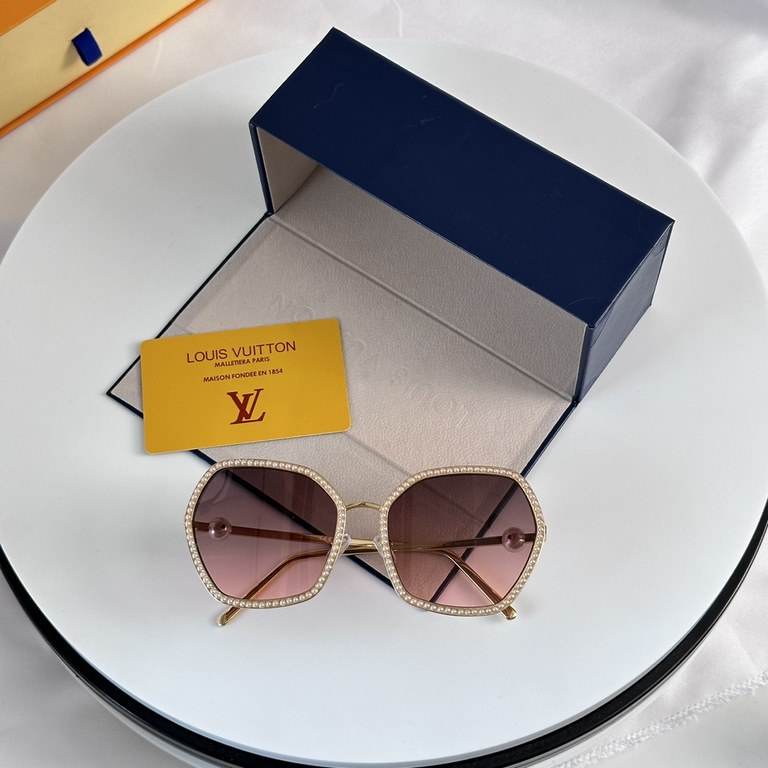 New New Louis Vuitton LV Women's Eyeglasses Sunglasses Metal Frame Hexagonal Pearl Round Sunglasses Sunglasses Z2016U