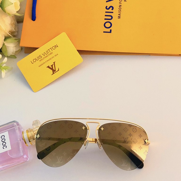 LV sunglasses men and women with the same metal half-frame high-level sense of hundred matching show face small driving UV protection sunglasses