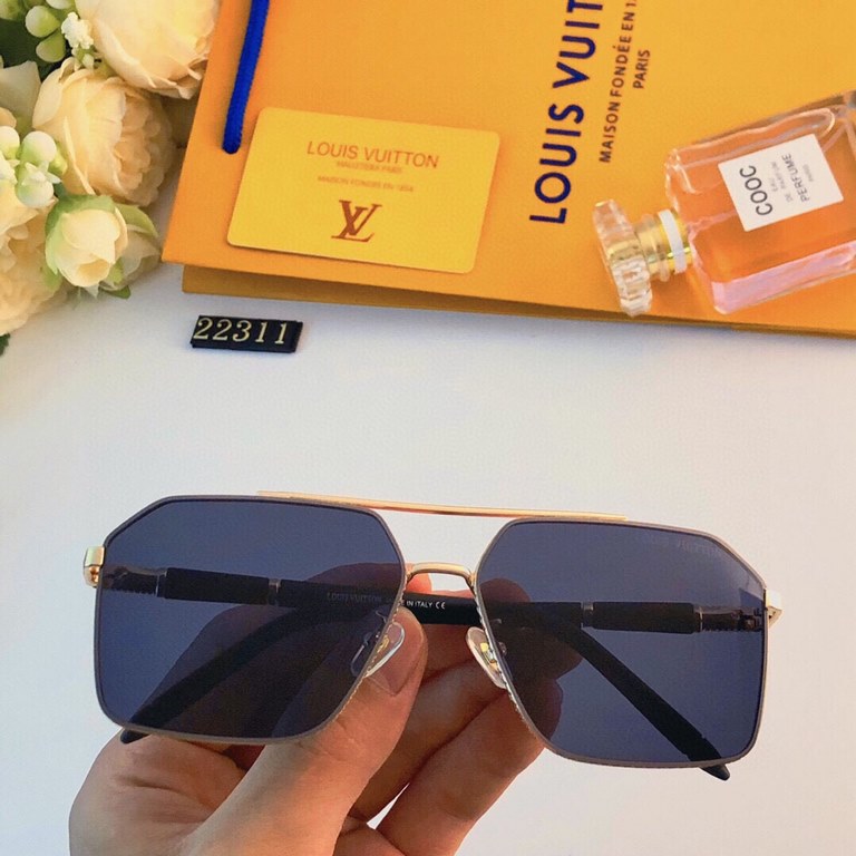 LV metal polygonal sunglasses men's fashionable gentleman sun shades men with leather temples