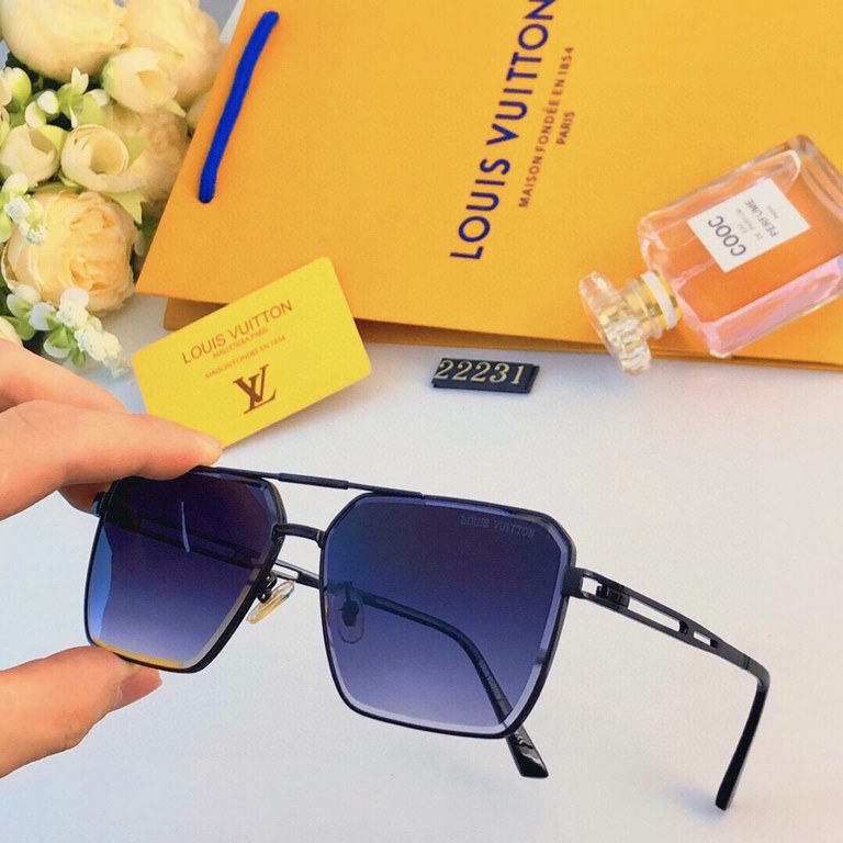 LV metal double beam sunglasses Europe and the United States square pilot paragraph fine frame sunglasses Korean version of the sunglasses female glasses tide male