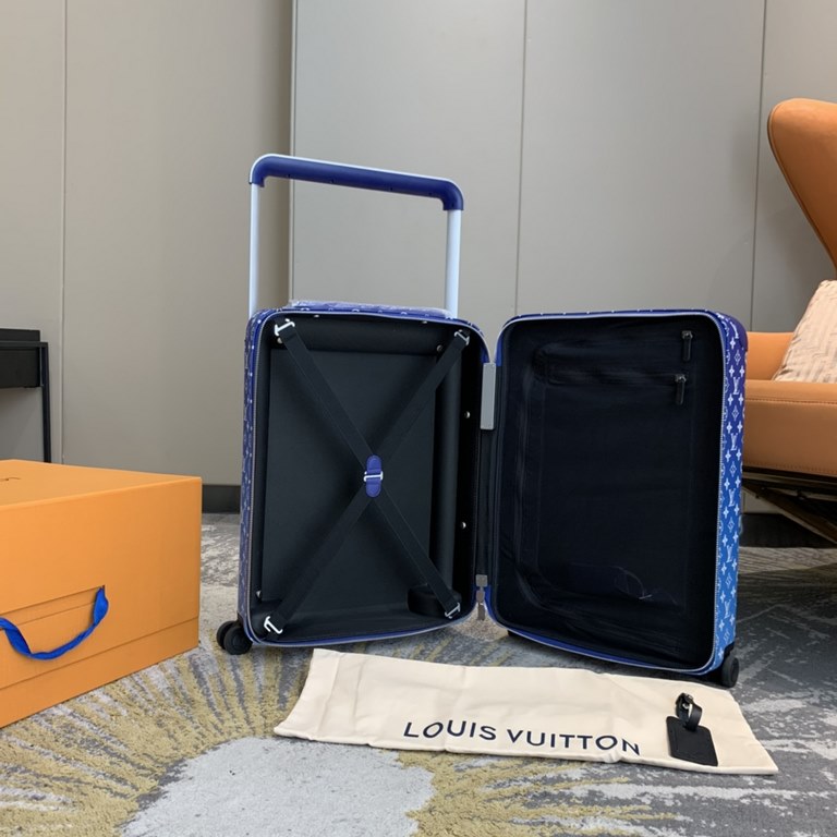 Virgil Abloh's Horizon 55 luggage for FallWinter 22 is a vision of clear skies, with the LV logo swirling across a Monogram canvas that resembles a clear sky, and a flexible design that includes a handle and dual wheels.