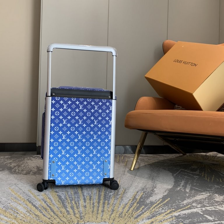 Virgil Abloh's Horizon 55 luggage for FallWinter 22 is a vision of clear skies, with the LV logo swirling across a Monogram canvas that resembles a clear sky, and a flexible design that includes a handle and dual wheels.