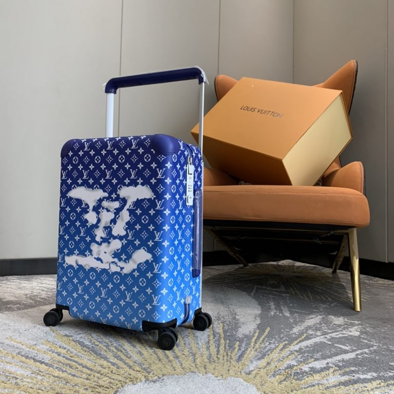 Virgil Abloh's Horizon 55 luggage for FallWinter 22 is a vision of clear skies, with the LV logo swirling across a Monogram canvas that resembles a clear sky, and a flexible design that includes a handle and dual wheels.