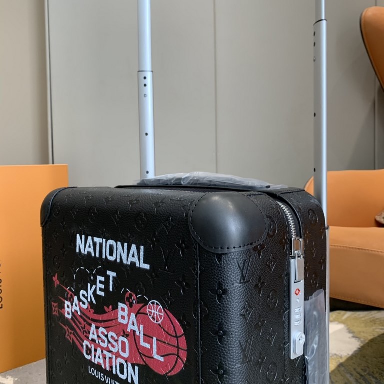 The NBA Basketball Capsule Collection Horizon 55 Quad Trolley Case takes the vibrant color palette of the NBA Championship Jacket and embellishes it with appliqués and prints on Monogram-embossed leather, incorporating t