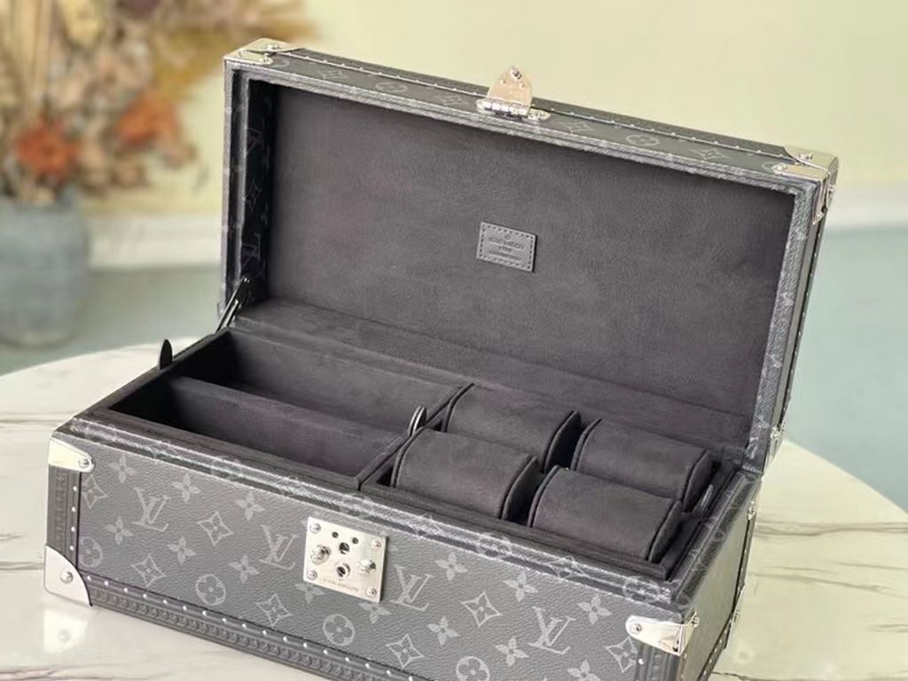 Four Watch Boxes Black Flower Black Lining Multi-purpose Organizer MCoffret Accessoires Case continues the design essence of the classic Coffret 8 Montres case in Monogram canvas, making it easy to keep watches, cufflink