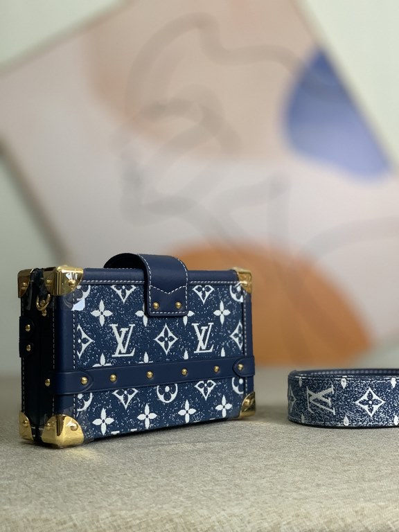 Top Original Exclusive M59717 Denim Blue Steel Nicloas Ghesquière Petite Malle Handbag Laid-back; Sand-washed denim highlights the Monogram jacquard weave, S-lock closure and cowhide reinforced corners continue the class