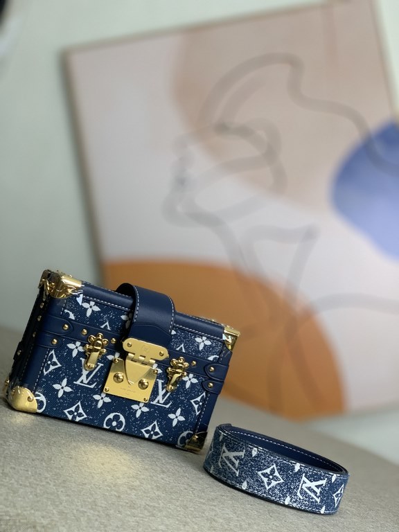 Top Original Exclusive M59717 Denim Blue Steel Nicloas Ghesquière Petite Malle Handbag Laid-back; Sand-washed denim highlights the Monogram jacquard weave, S-lock closure and cowhide reinforced corners continue the class