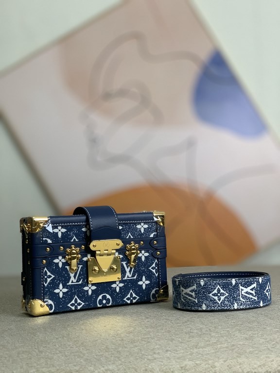 Top Original Exclusive M59717 Denim Blue Steel Nicloas Ghesquière Petite Malle Handbag Laid-back; Sand-washed denim highlights the Monogram jacquard weave, S-lock closure and cowhide reinforced corners continue the class