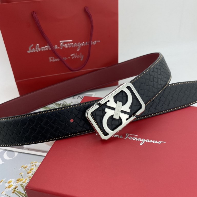 With a full set of packaging gift box   Ferragamo men's floral leather belt 38mm double-sided imported leather can be used on both sides of the counter line with the new buckle