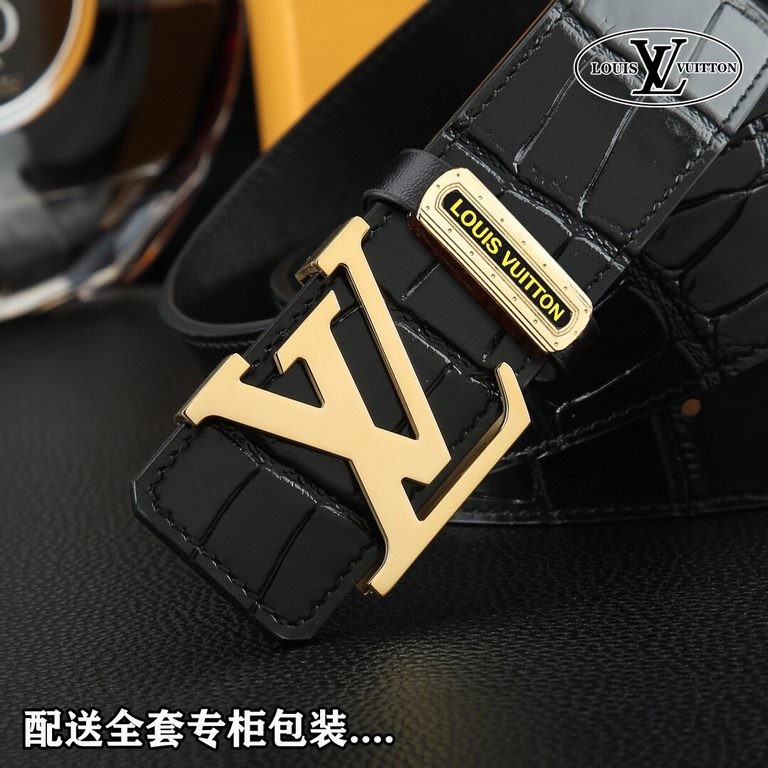 High-end quality, real shot Lots with a full set of packaging Brand L@V overseas original single button material two-color steel buckle  Belt body texture front 38mm width using imported first layer cross grain cowhide b