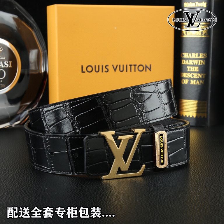 High-end quality, real shot Lots with a full set of packaging Brand L@V overseas original single button material two-color steel buckle  Belt body texture front 38mm width using imported first layer cross grain cowhide b