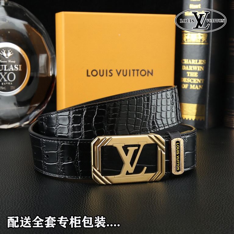 High-end quality, real shot Lots with a full set of packaging Brand L@V overseas original single button material two-color steel buckle  Belt body texture front 38mm width using imported first layer cross grain cowhide b