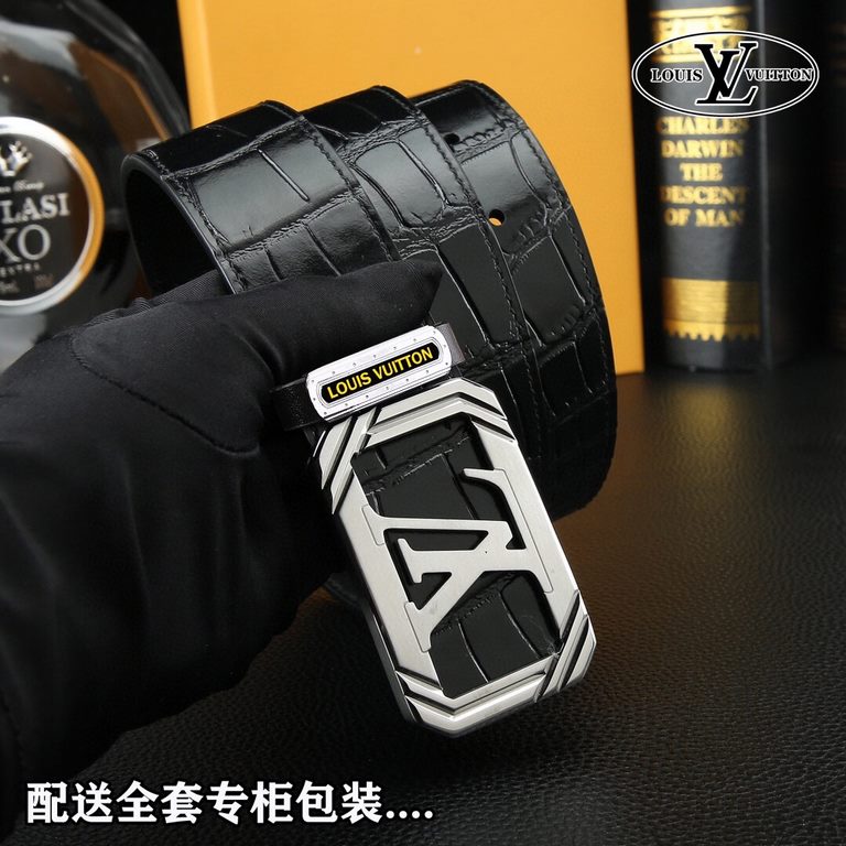 High-end quality, real shot Lots with a full set of packaging Brand L@V overseas original single button material two-color steel buckle  Belt body texture front 38mm width using imported first layer cross grain cowhide b