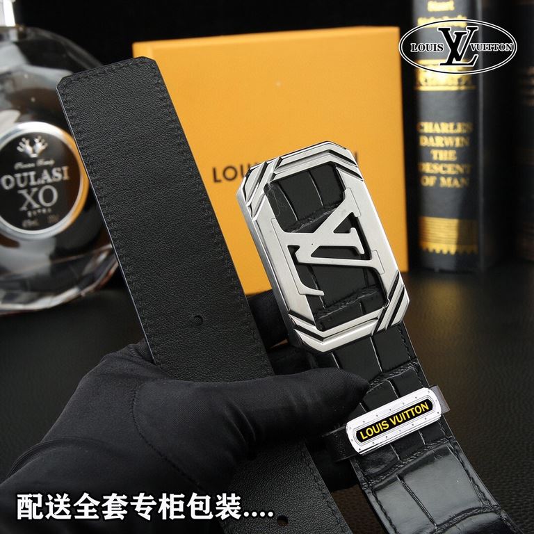 High-end quality, real shot Lots with a full set of packaging Brand L@V overseas original single button material two-color steel buckle  Belt body texture front 38mm width using imported first layer cross grain cowhide b