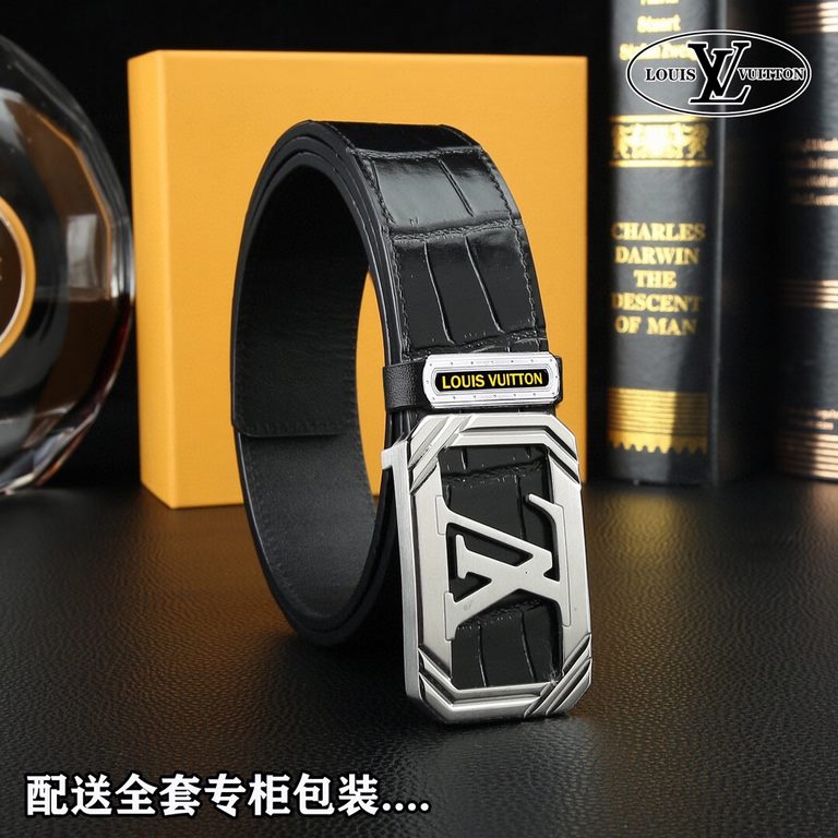 High-end quality, real shot Lots with a full set of packaging Brand L@V overseas original single button material two-color steel buckle  Belt body texture front 38mm width using imported first layer cross grain cowhide b