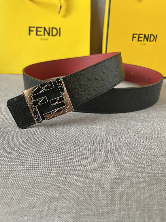 Fendi cowhide head layer ostrich grain, texture bumpy pores clear, burgundy calf leather head layer fine grain bottom, with counter boutique steel buckle, 4.0cm support NFC