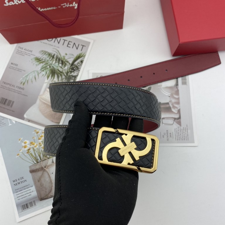 With a full set of packaging gift box   Ferragamo men's floral leather belt 38mm double-sided imported leather can be used on both sides of the counter line with the new buckle