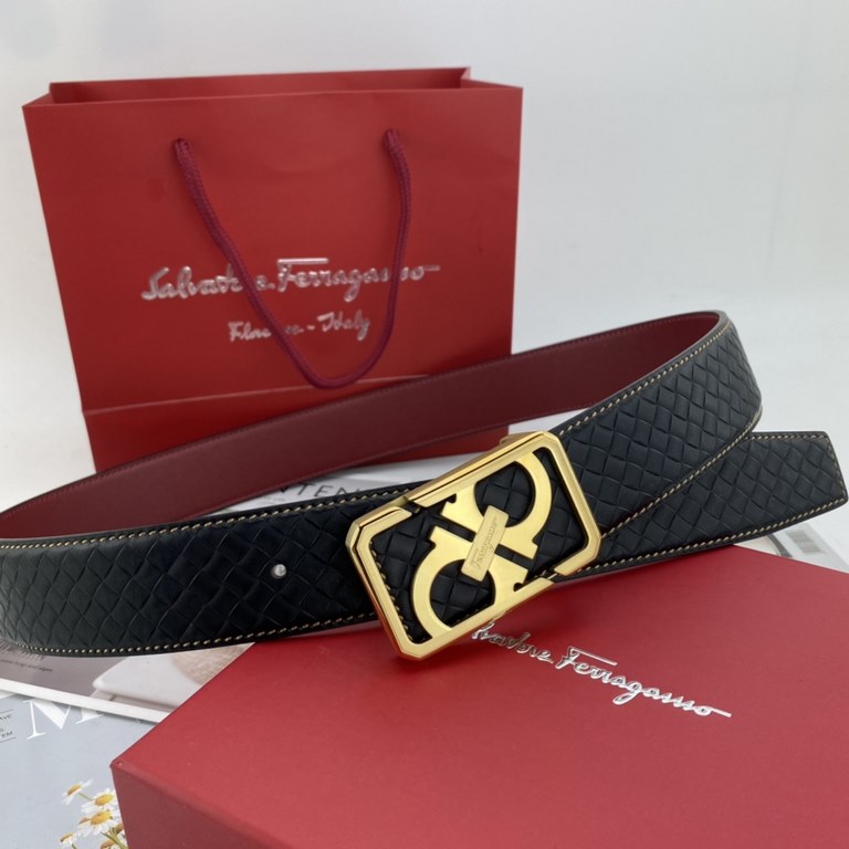 With a full set of packaging gift box   Ferragamo men's floral leather belt 38mm double-sided imported leather can be used on both sides of the counter line with the new buckle