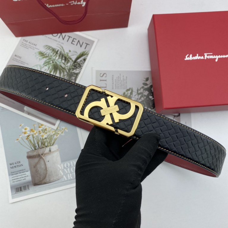 With a full set of packaging gift box   Ferragamo men's floral leather belt 38mm double-sided imported leather can be used on both sides of the counter line with the new buckle