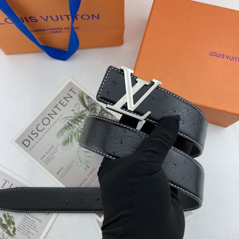 LV Men's Flower Leather Belt 38mm Double-sided imported flower leather leather pressed. Can be used on both sides Counter alignment With new steel buckle