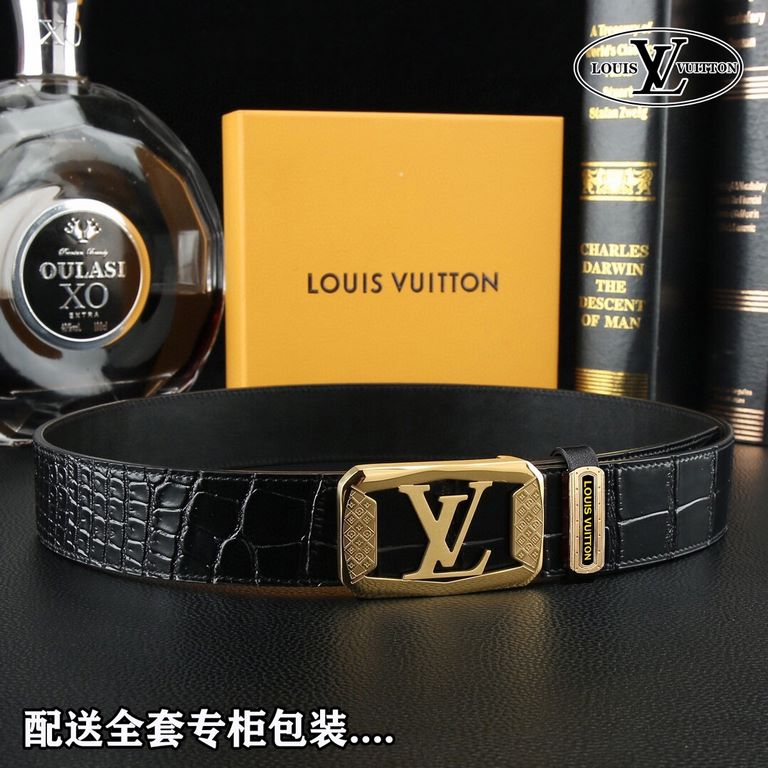 High-end quality, real shot Lots with a full set of packaging Brand L@V overseas original single button material two-color steel buckle  Belt body texture front 38mm width using imported first layer cross grain cowhide b