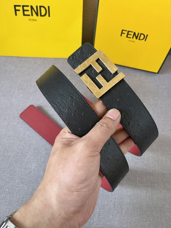 Fendi cowhide head layer ostrich grain, texture bumpy pores clear, burgundy calf leather head layer fine grain bottom, with counter boutique steel buckle, 4.0cm support NFC