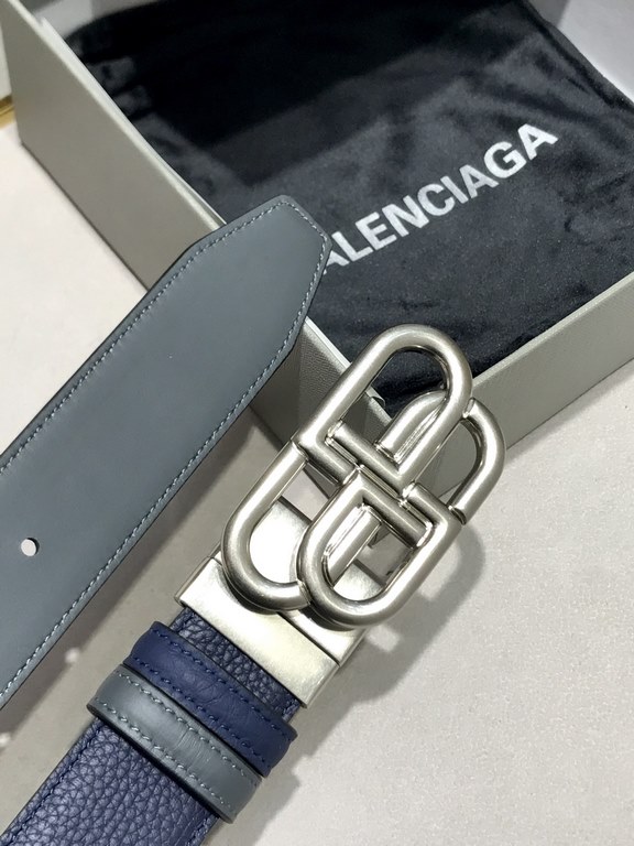 Counter Packaging (Balenciga Paris) Balenciga Fall-Winter Width 35MM Blue Grey Colorway Belt with Vintage Aesthetic Design Made in Italy Leather with Twisted Label BB Rings Interlocking Signature Gold-Plated Metallic Eff