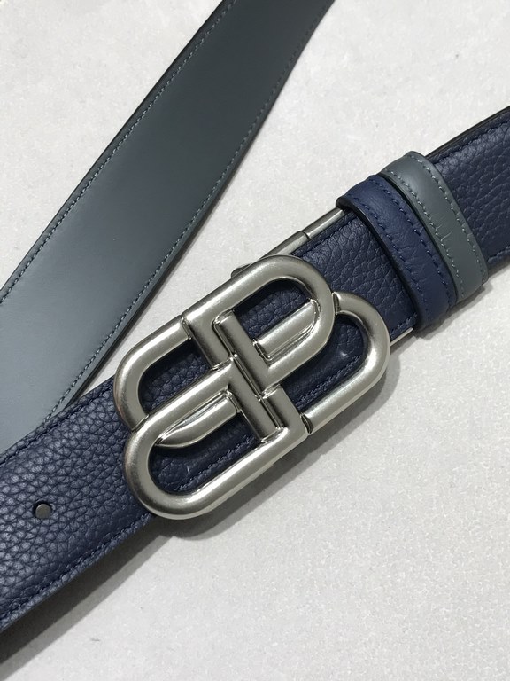 Counter Packaging (Balenciga Paris) Balenciga Fall-Winter Width 35MM Blue Grey Colorway Belt with Vintage Aesthetic Design Made in Italy Leather with Twisted Label BB Rings Interlocking Signature Gold-Plated Metallic Eff