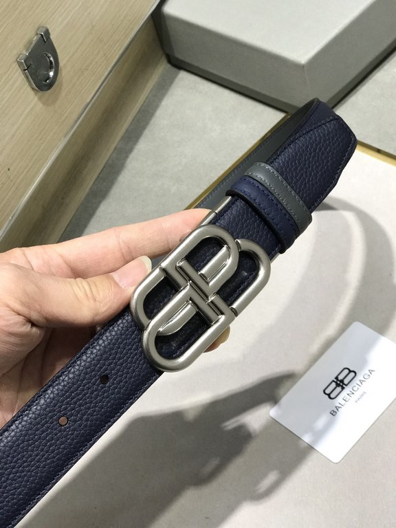 Counter Packaging (Balenciga Paris) Balenciga Fall-Winter Width 35MM Blue Grey Colorway Belt with Vintage Aesthetic Design Made in Italy Leather with Twisted Label BB Rings Interlocking Signature Gold-Plated Metallic Eff