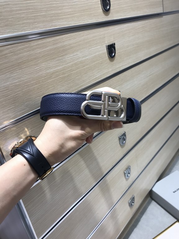 Counter Packaging (Balenciga Paris) Balenciga Fall-Winter Width 35MM Blue Grey Colorway Belt with Vintage Aesthetic Design Made in Italy Leather with Twisted Label BB Rings Interlocking Signature Gold-Plated Metallic Eff