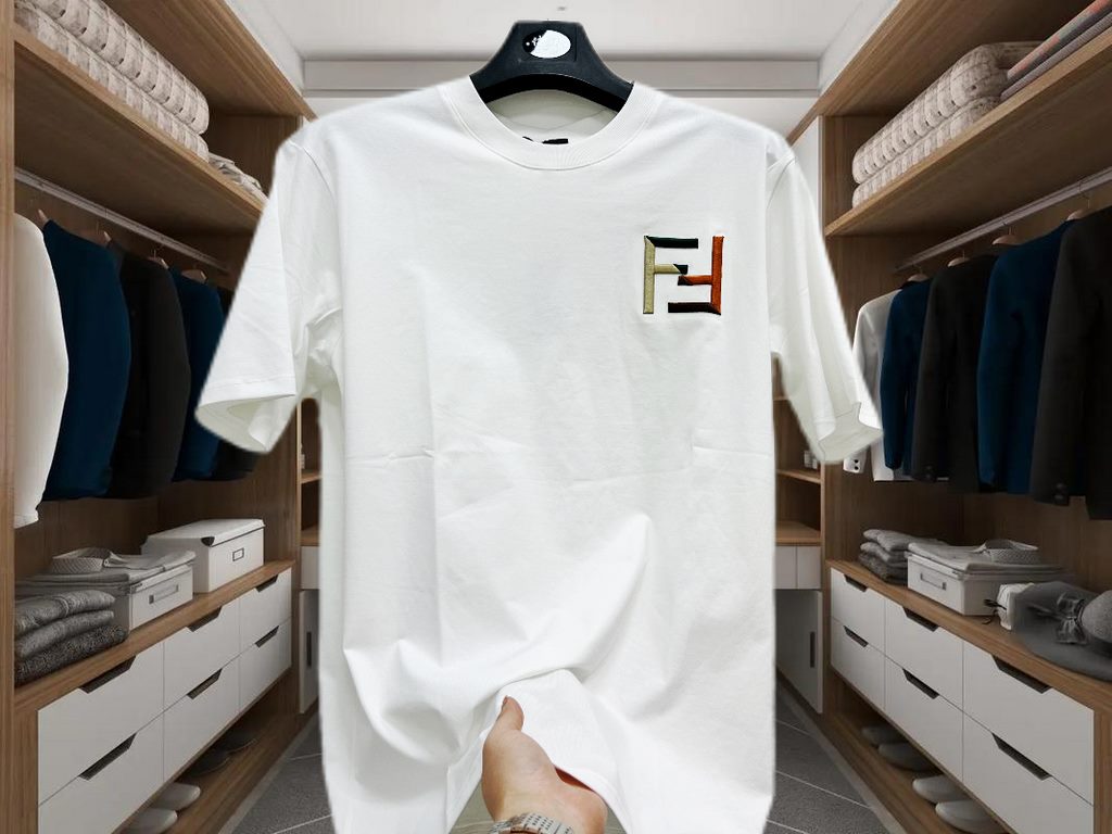 24877#Fend  24ss SpringSummer New Cotton Round Neck Short Sleeve T-Shirt Chest Double F Perfect Embroidery Big Logo Top Cotton Fabric Customized Standard FitBlack and white two colorsMen's and women's modelsSize M-3 X