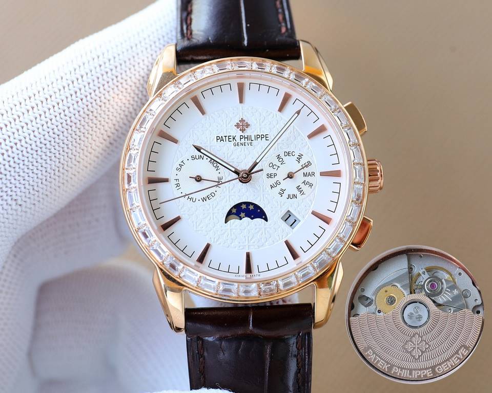 The latest Patek Philippe with imported 9100 multifunctional movement (zero repair) functions (24 hours, day of the week, star, month) imported 316 stainless steel! Imported 316 stainless steel! Original folding clasp! S